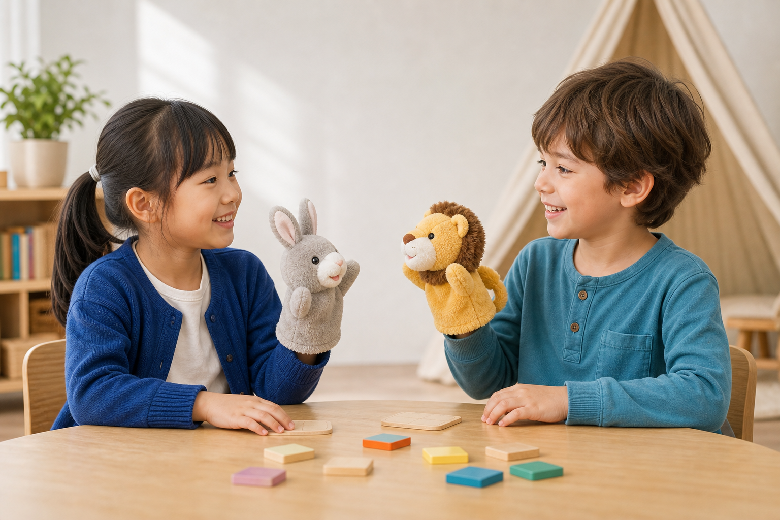 Two children playing with puppets as they practice conversation